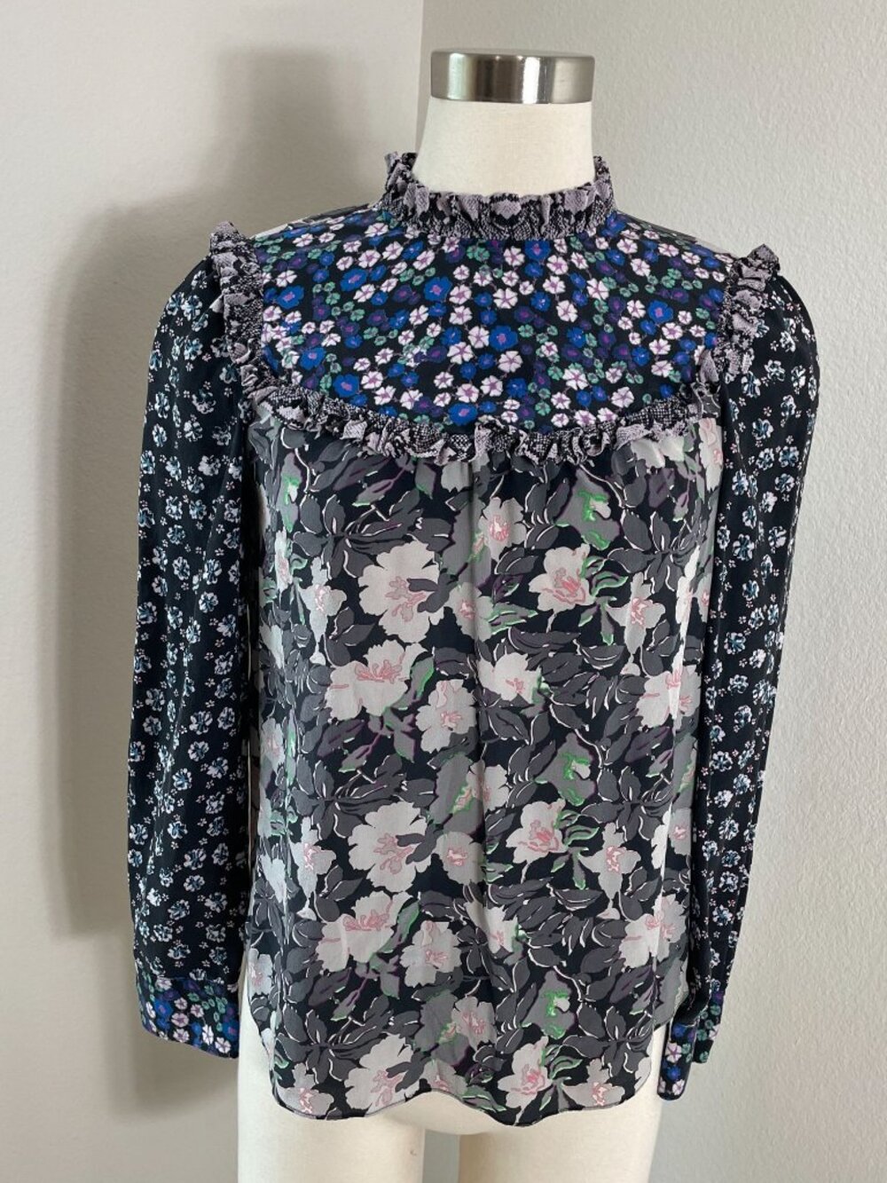 Rebecca Taylor Womens 4 Mix Floral 100% Silk Blouse Long Sleeve Ruffle High Neck